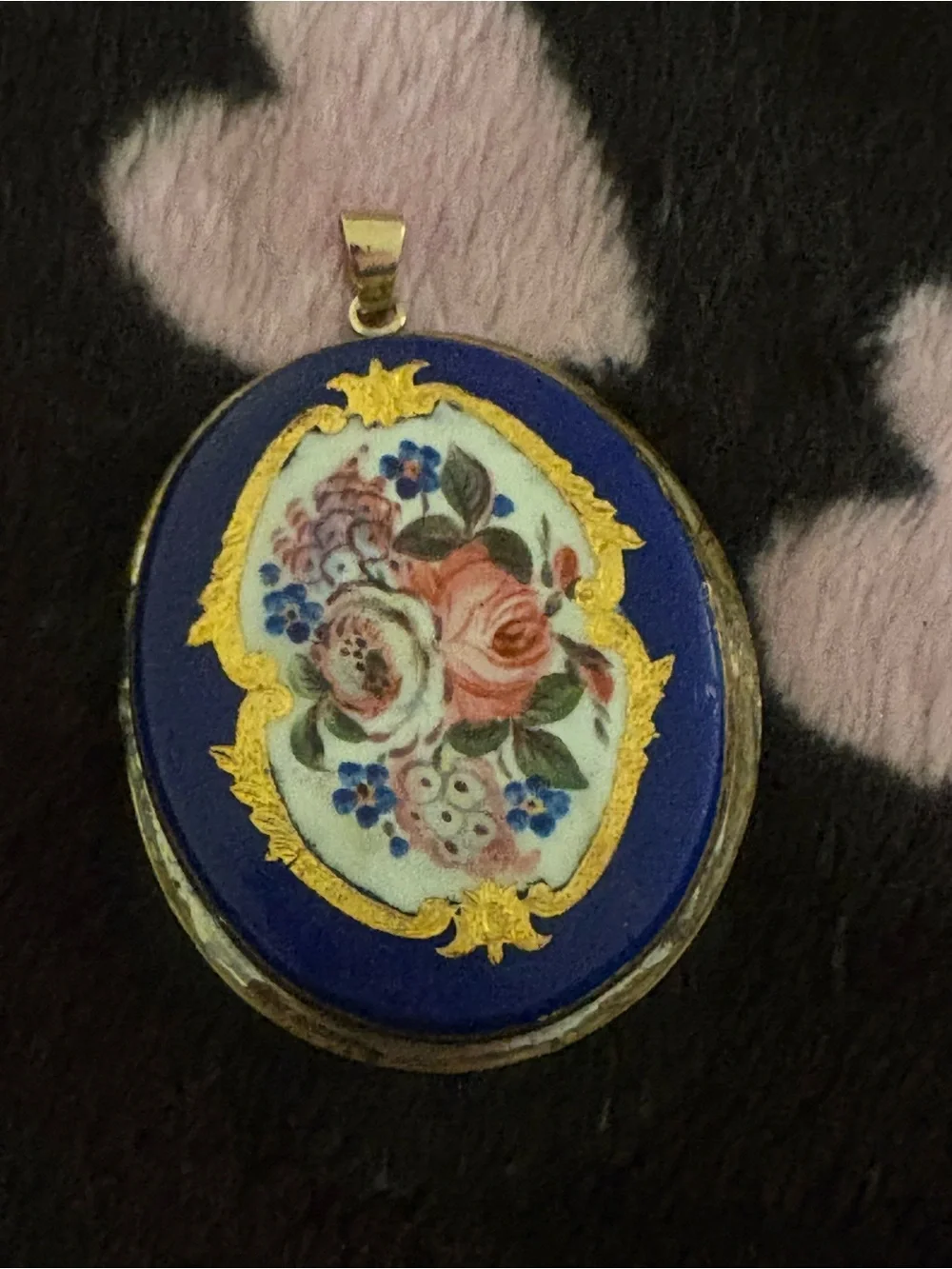 Victorian painted lapis pendant, Gorgeous with back frame and bail 14k gold. - Picture 2 of 6